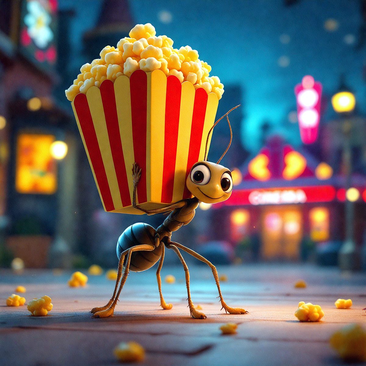 The primary subject of the image is a cartoon-like insect, possibly a grasshopper, carrying a bag of popcorn on its back. The setting is a street with a theater in the background, and the visual style is a digital art or illustration. The colors and mood of the image are vibrant and lively, with the insect and popcorn being the main focus of the scene.